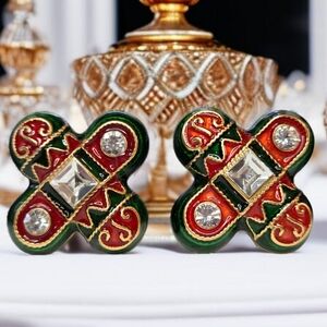 Matte Gold Plated Chunky Royal Byzantine Ruby Emerald Enamel Crystal Earrings